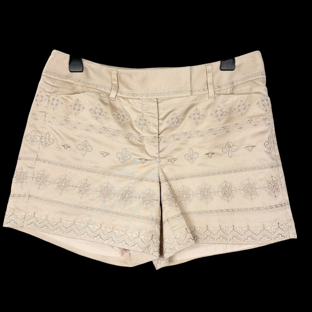 White House Black Market Embroidered Tan Shorts Size 4 Boho Summer Dressy